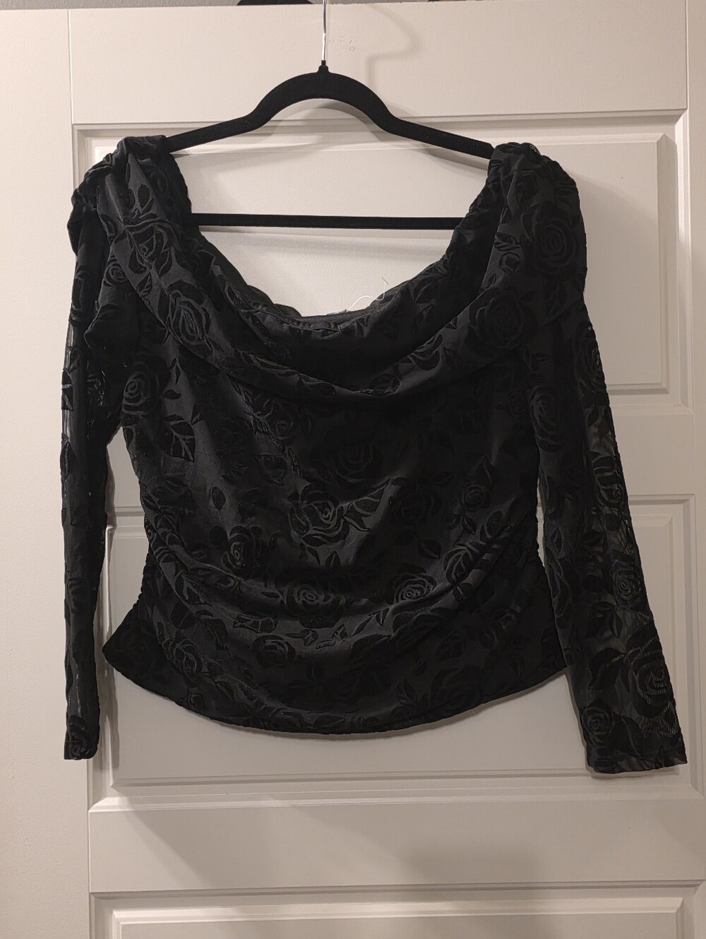 Black Velvet Floral Cowl Neck Women's Top